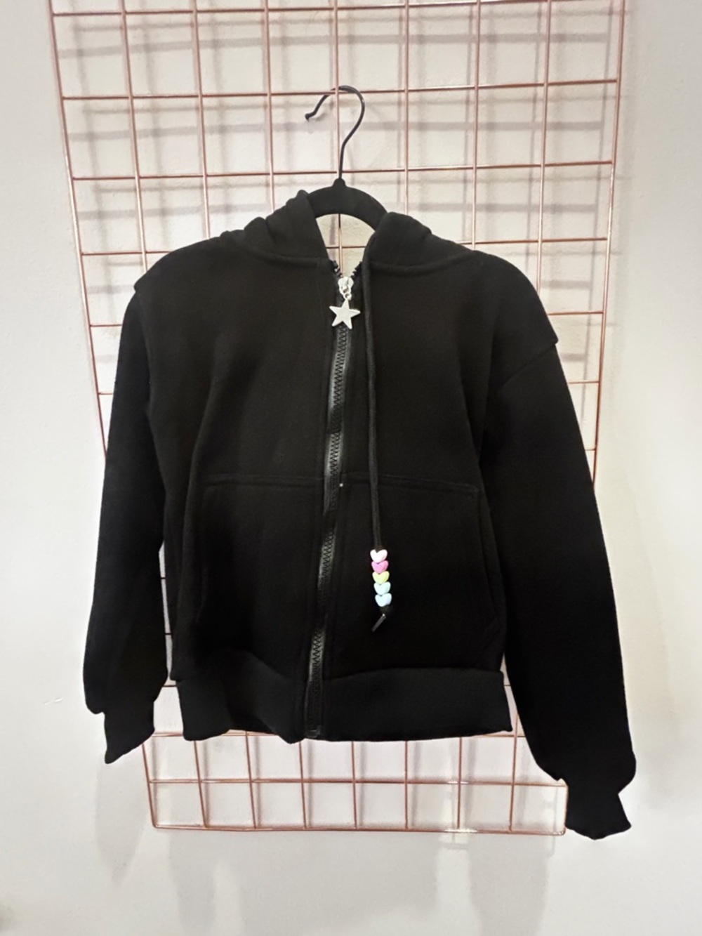 Lola + The Boys Black Zip-Up Hoodie with Heart Bead Drawstring